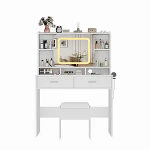 【GARVEE】54'' Vanity Set, Makeup Vanity Desk with Mirror & Charging Station, 3 Modes LED Light Makeup Table with 2 Drawers for Bedroom, Dressing Room, Apartment(40''x16''x54''), White