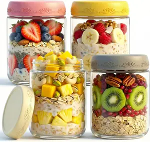 16 oz 4-Pack Kitchen Glass Overnight Oats Jars with Airtight Leakproof Lids, Reusable Meal Prep Containers for Breakfast, Yogurt Parfait