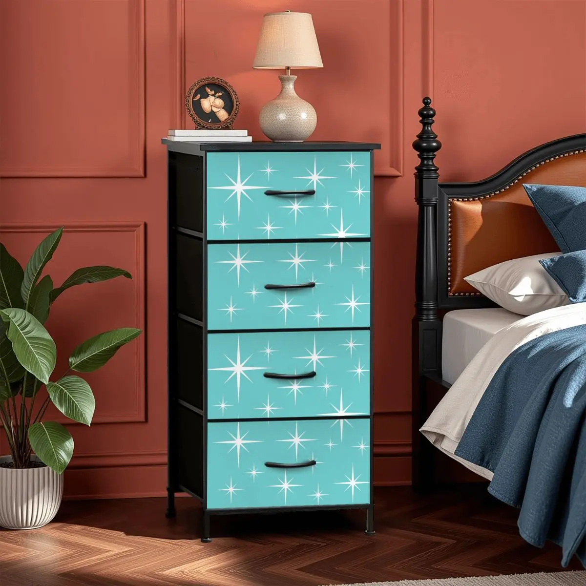 Mid Century Modern Aqua White Starburst MCM 4-Drawer Dresser