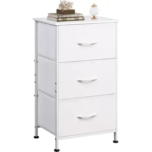 Nightstand with 3 Drawers, Fabric Dresser, Organizer Unit, Storage Dresser for Bedroom, Hallway, Entryway, Closets, Sturdy Steel Frame,  Top, Easy Pull Handle, White