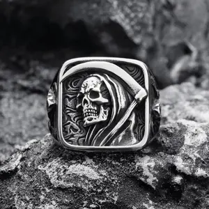 Gothic Grim Reaper Skull Square Signet Ring - Dark Gothic Retro Copper Statement Ring for Men, Hip Hop Biker Punk Costume Jewelry, Dark Gothic Rings, Retro Rings