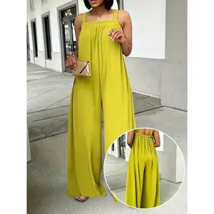 Plus Size Women'S Off-Shoulder Sleeveless Wide-Leg Jumpsuit - Vibrant Yellow Loose Fit Maxi Jumpsuit with Pockets, Machine Washable Spring/Summer Resort Wear for Beach Vacations & Casual Outings, Summer Outfit |   Silklike Texture, Ladies Jumpsuits