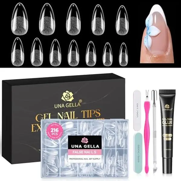 UNA GELLA Medium Almond Gel Nail Tips and Glue Kit, 216Pcs Pre-buffed Soft Gel Fake Nails with Air Dry Adhesive, Uv Lamp Free Complete Manicure Prep Kit for Beginners Extensions Press On Nails