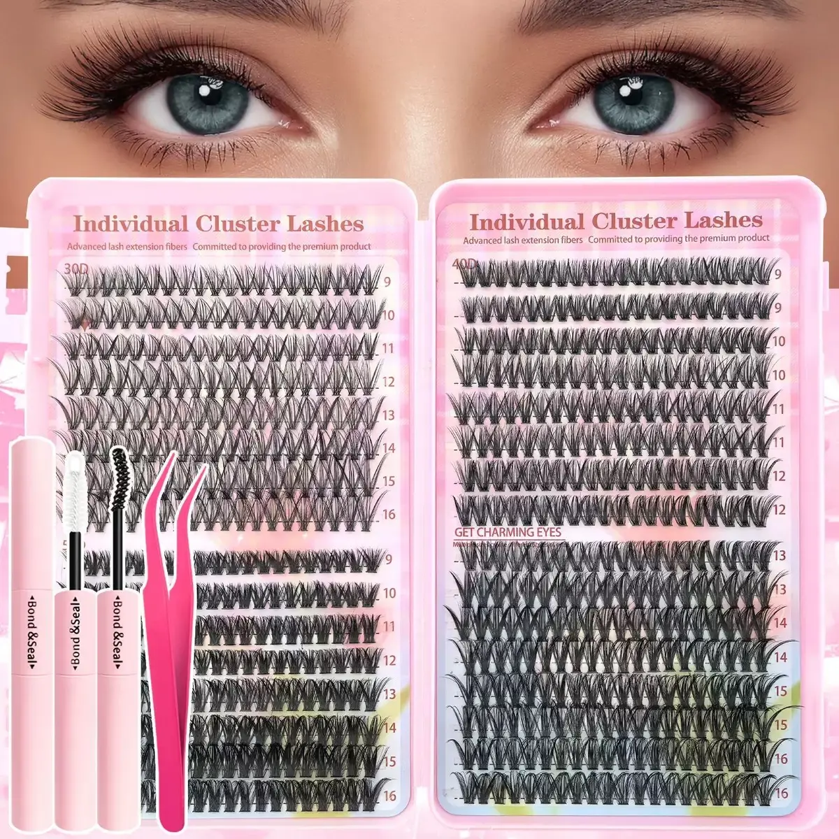640 Pcs DIY False Eyelashes Set, 30D/40D/50D, 9-16 mm Clustered Lashes, Natural Look,8 Different Lengths, Includes Glue & Tweezers,Perfect for Eve Makeup