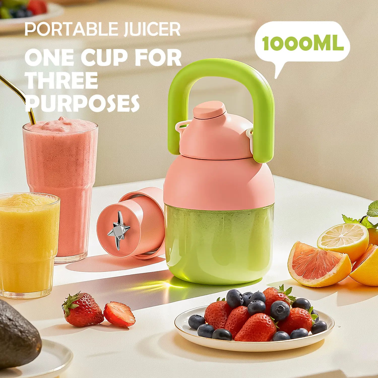 BPA-Free Electric Citrus Juicer 33oz, Straw, Two Lids, Portable Blender for Smoothies, Shakes, Food Prep & Frozen Blending - Outdoorfun,Perfect Gift