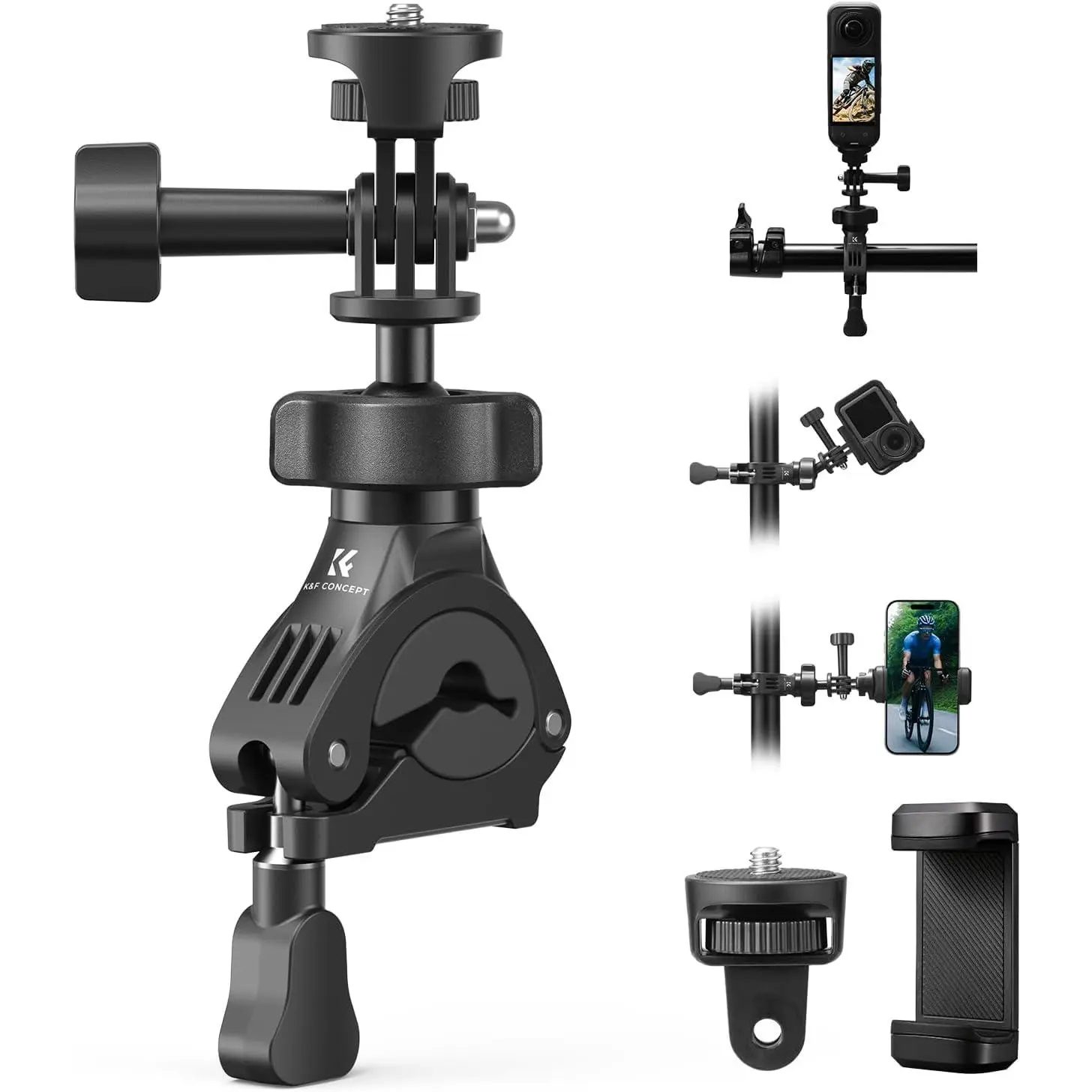 K&F CONCEPT Bike Motorcycle Handlebar Mount with 360° Ball Head 1/4" Screw Compatible with DJI Action 5 Pro 4/3 GoPro Max Hero 13 12 11 10 9 8 7 6 5 Insta360 X5 Ace Pro 2 DJI Osmo Pocket 3/XTRA