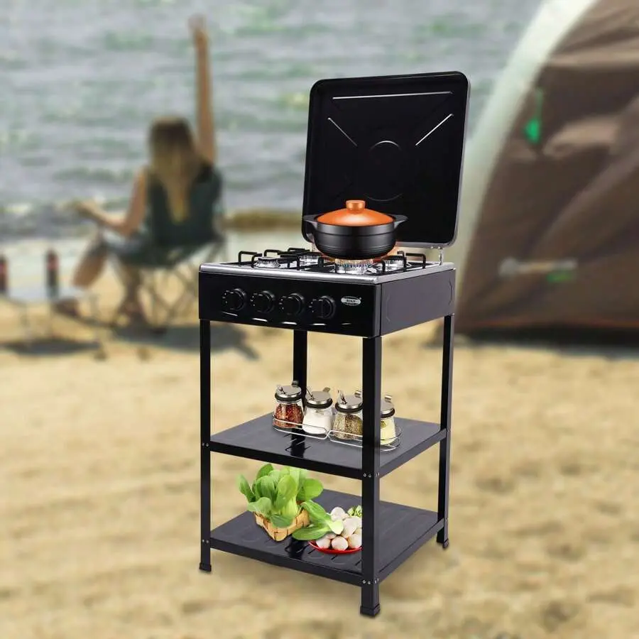 Portable Stainless Steel Heavy-Duty 5 Powerful Burners Gas Stove (Black (5 burner)) for Camping, Hiking, Outdoor Cooking, with 2-Tier Rack, Stand, Square Frame, 49x49x79cm Portable Kitchen, 2-Tier Storage Rack, Outdoor Camping, Pvc