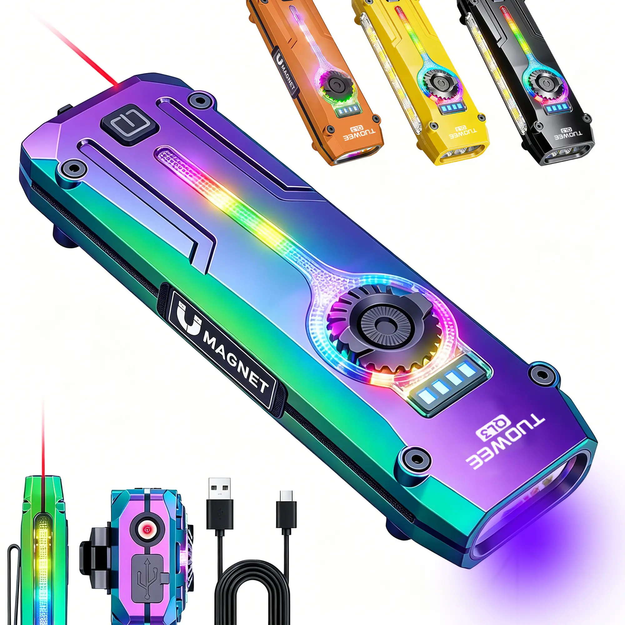 PASIION QL3 7-In-1 Multifunctional Rechargeable Flashlight, 1200LM Bright LED Tactical Flashlight with UV Detection, Laser Pointer, RGB Ambient Light, Magnetic Base, Stepless Dimming, Type-C Charging, EDC Flashlight for Camping, Hiking, Emergency