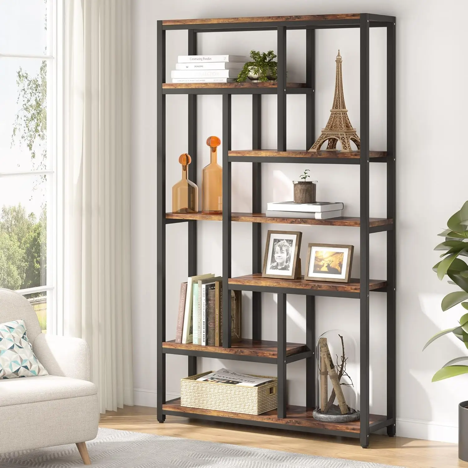 LITTLE TREE 79 Inch Extra Tall Bookshelf, 7-Tier Vintage Bookcase, Industrial 10-Shelf Open Storage Shelves Display Shelves Organizer for Home Office