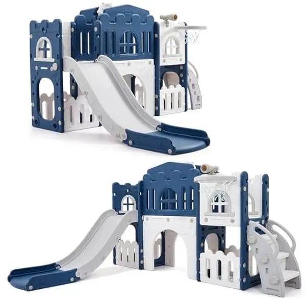 Toddler Slide 8 in 1 Toddler Playset for Toddlers Age 1-3, Baby Playset for Indoor Outdoor Playground with Climber, Crawling Tunnel, Basketball Hoop, Telescope, Toy Storage,Blue