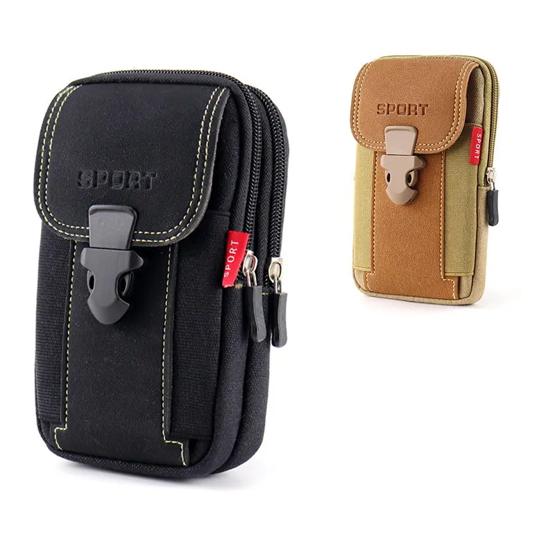 Men's Hands Free Fanny Pack & Belt Bag - RapidDraw Dual-Case Tactical Belt for iPhone 17/16/15/14/13/12/11 Plus Pro Max, 7-in Heavy-Duty Canvas Vertical Pouch with Zipper, Front Zip Quick Access, Multi-Pocket, Quick-Release (Yellow/Black)