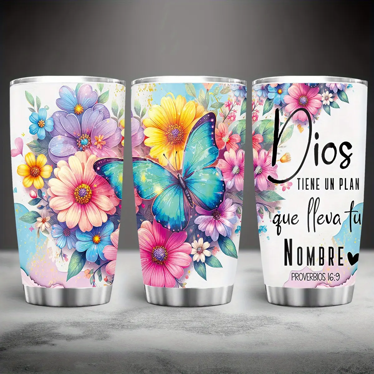 Women's 20 oz Portable Spanish Christian Stainless Steel Vacuum Insulated Tumbler - Flask with Bible Verse Proverbs 16:9, Vibrant Floral-Butterfly Design, Inspirational Reusable Drinkware, Religious Gift for Christmas/Birthday