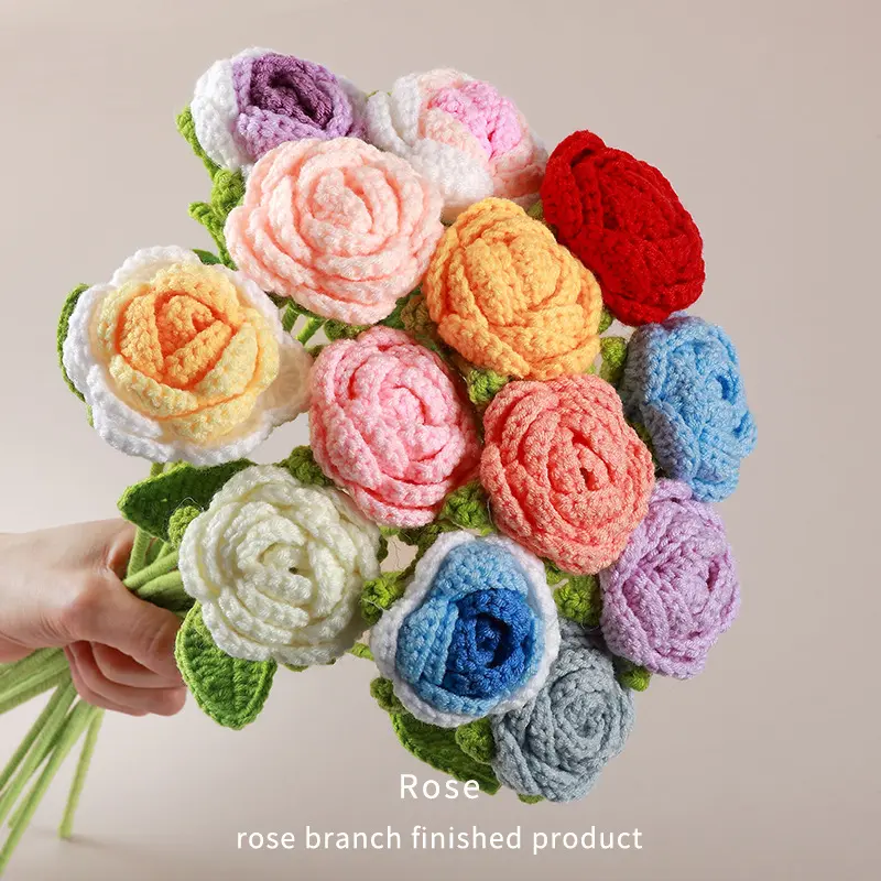 Hand-Woven Yarn Crochet Rose Artificial Flowers - Single Gradient White-Pink Rose Decor Ornaments for DIY Bouquets, Room Decor