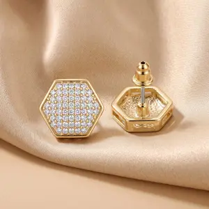 Micro Zircon Honeycomb Shape Silver Earrings, Polished Hollow Side Border Luxury Hip Hop Bling Piercing Jewelry