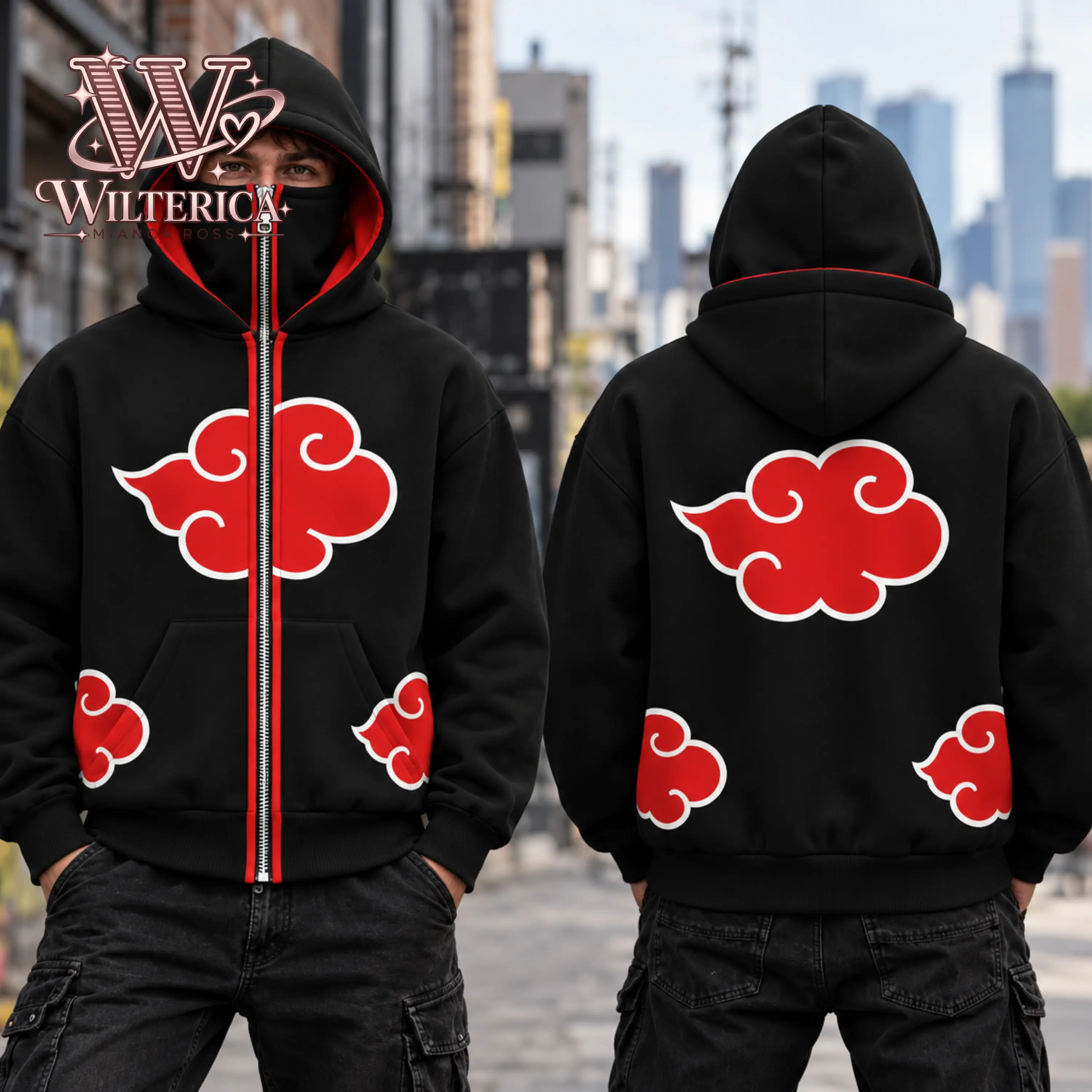 Akatsuki Red Cloud Anime Full Zip Face Cover Hoodie, Black Red Graphic Zip Up Hoodie, Japanese Anime Inspired Streetwear Hooded Jacket, Unisex Y2K Cosplay Sweatshirt