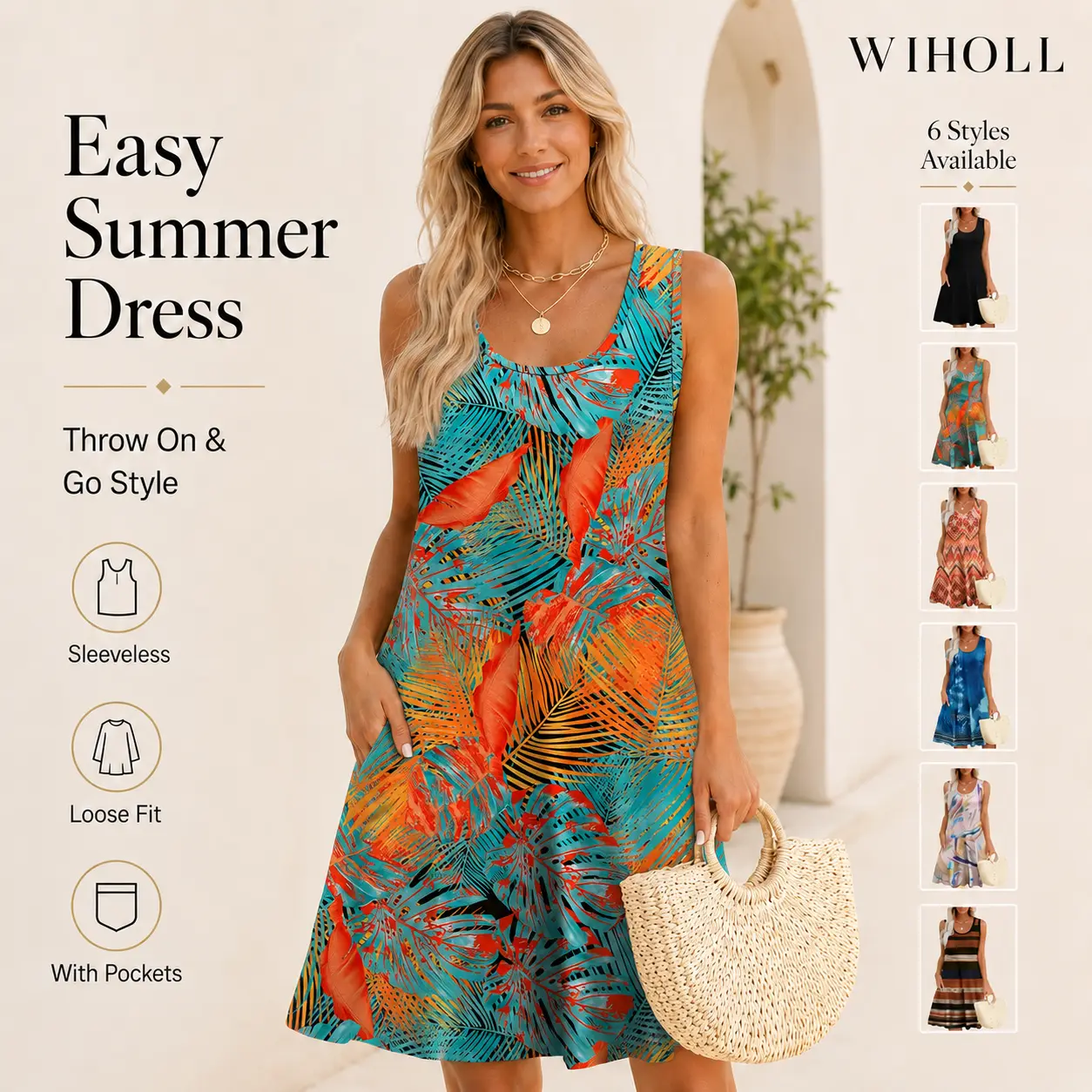 WIHOLL Women's Summer Casual Sleeveless Sundress with Pockets, Loose U Neck Soft Stretch Dress for Beach, Vacation & Daily Wear