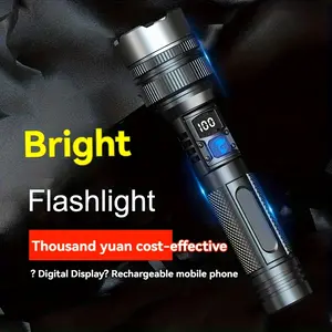 Ultra Bright LED Flashlight, Portable Tactical Zoom Flashlight with Built-in 18650 Lithium Battery, USB Type-C Rechargeable, High Strength Emergency Light with Aluminum Shades for Camping, Hiking and Emergencies, Without Battery
