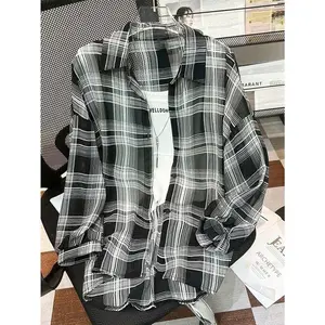 Plus Size Casual Plaid Drop Shoulder Front Button Shirt Fall Cloth For Women