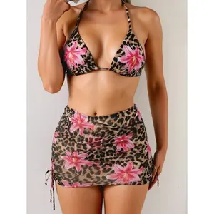 3pcs/Set Women's Sexy Leopard Print Halter Triangle Top, Mesh Sarong And Self-Tie Side Bikini Swimsuit