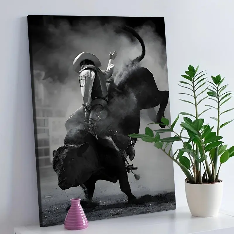 [2D Flat] 1pc Dynamic Bull Riding Canvas Art - Realistic 2D Wall Decor ...