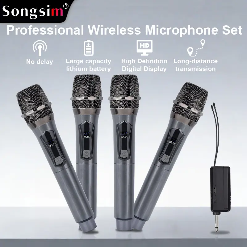 Songsim 4-Channel Professional Wireless Handheld Microphone Set Pack, Long-Distance Transmission Audio Device with Digital Display, Built-In Li-Ion Rechargeable Battery for Karaoke Parties, Live Streaming, 3.5 Mm Jack