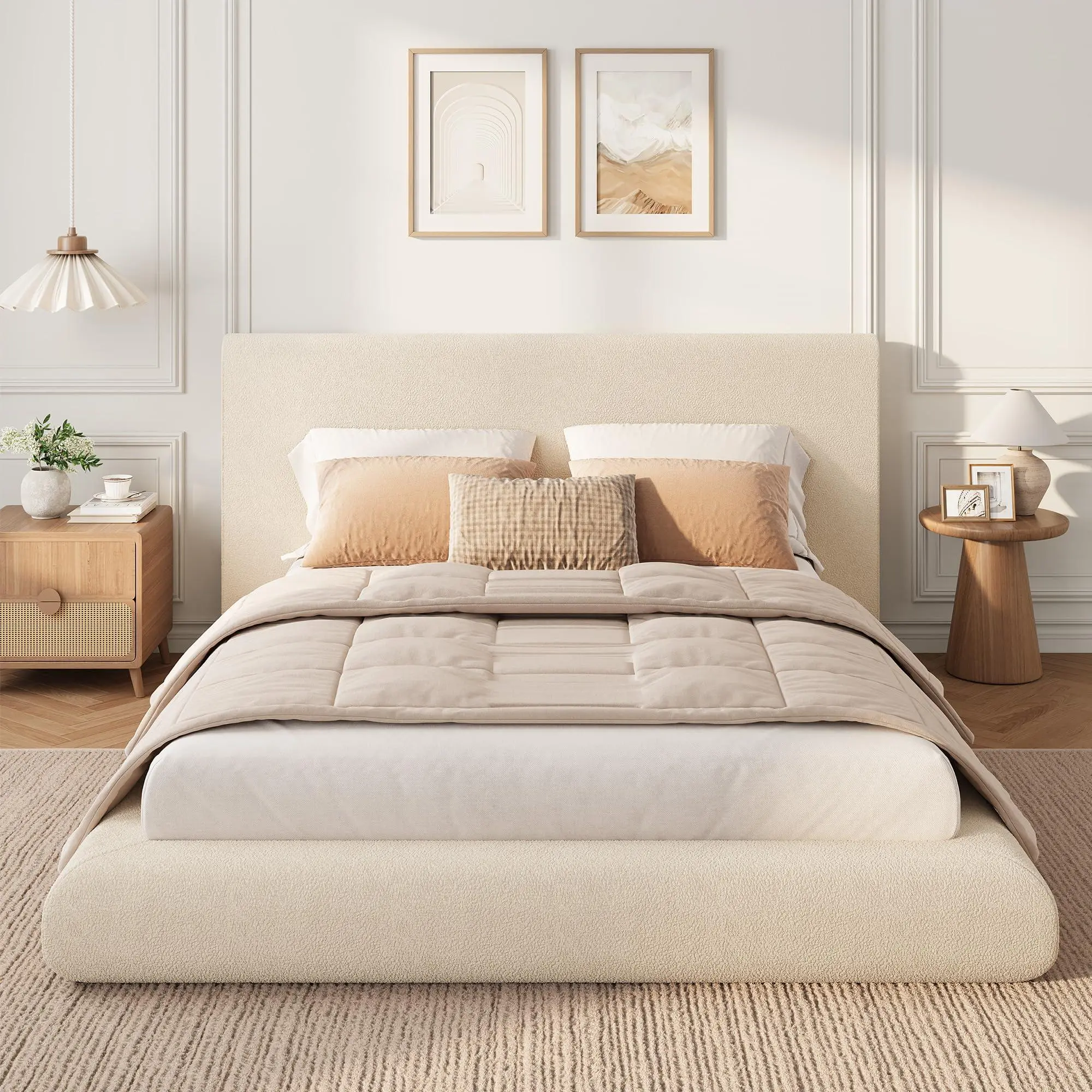 King Size Bed Frame with Upholstered Headboard, Modern Cloud Platform Bed King, No Box Spring Needed, Easy Assembly, Soft Plush Fabric, White