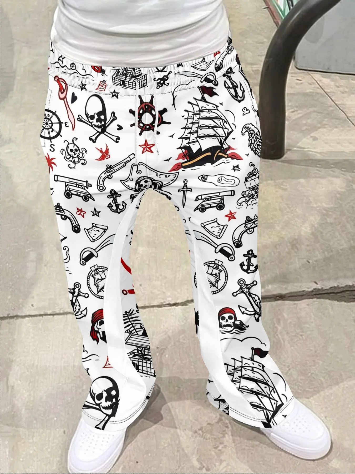 Vintage Pirate Print Bell Bottoms, Retro Style Flared Casual Pants, Geometric Pattern, Fitted Design, All Seasons Wear, Women's Fashion, Casual Trousers