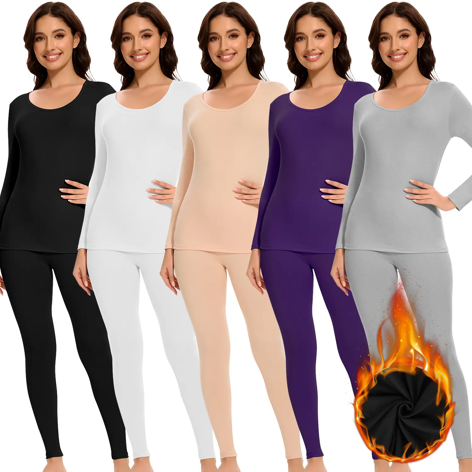Women's Thermal Underwear Set - Minimalist Fleece-Lined Long Johns, Lightweight Moisture-Wicking Round Neck Base Layer, Fit Sportswear for Cold Weather & Holiday, Outdoors