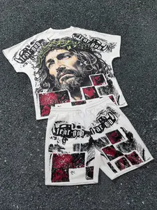 Men's Jesus Print Short Sleeve Tee & Shorts Loungewear Clothes, Loose Casual Comfy Round Neck T-shirt & Shorts PJ Set, Men's Sleepwear for Summer, Outfit