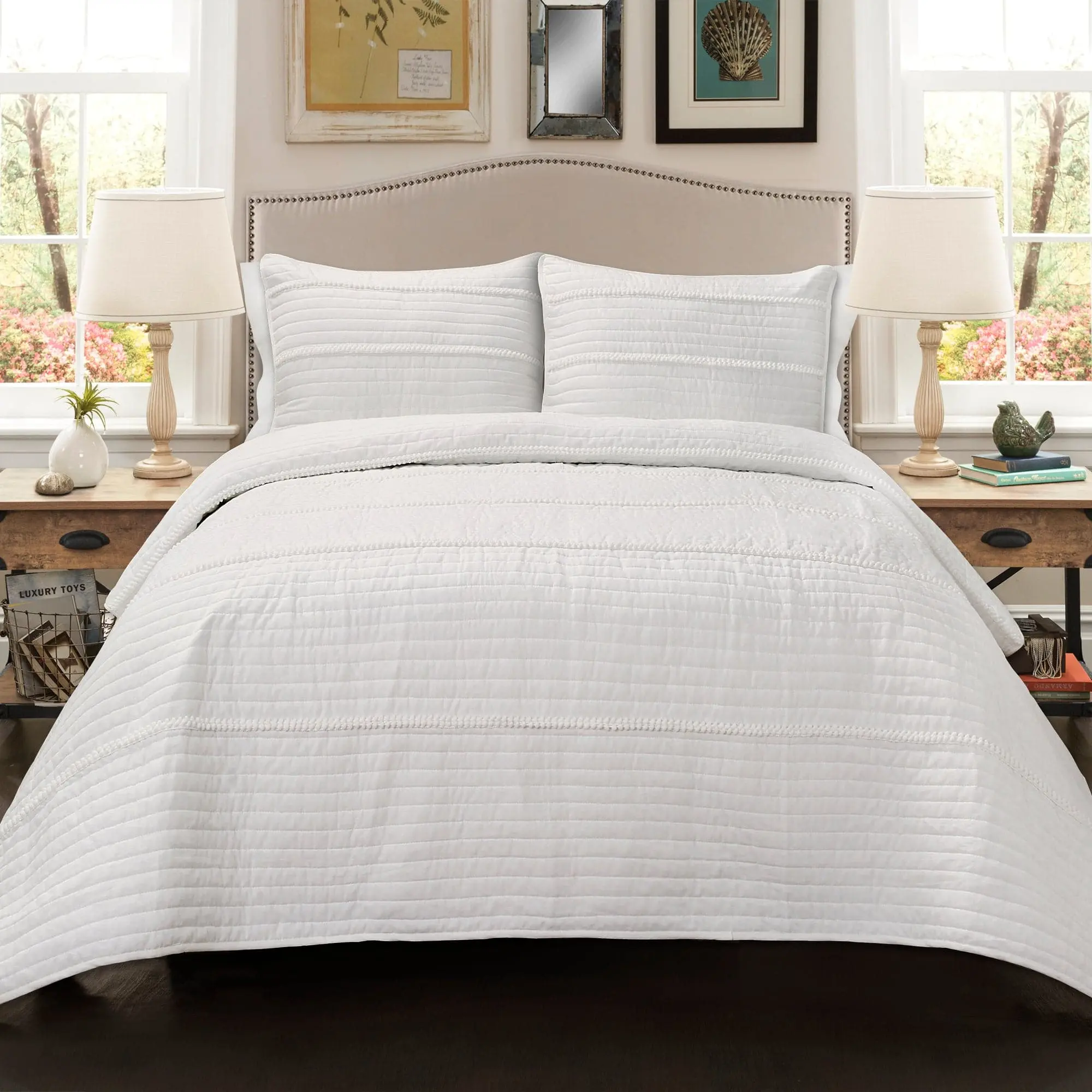 Lush Decor Pom Pom Stripe Quilt 3 Piece Set Full/Queen/King White 100% Cotton Soft, Machine Washable