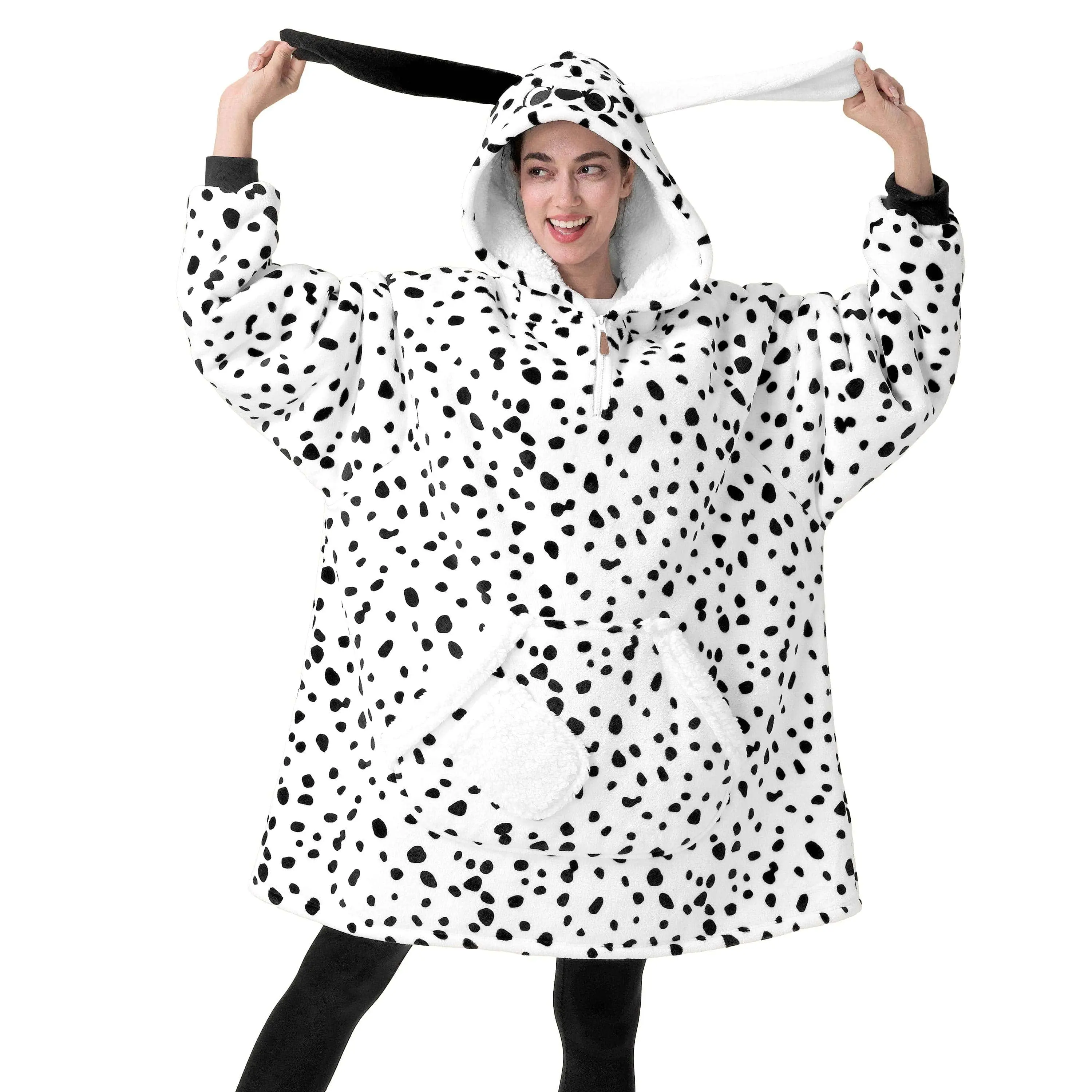 Giggling Getup Wearable Blanket Hoodie for Women Men - Black and White Dalmatian