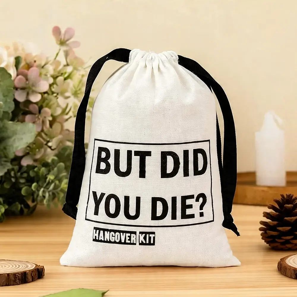 5pcs 5x7in Cotton Recovery Kit Bags for Hangover Kit Bachelorette Party Favor Bags BUT DID YOU DIE Pouches Wedding Decoration Goody Bags