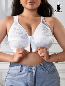 Plus Size Floral Pattern Hook & Eye Front Bra, Comfy Breathable Medium Wireless Bra, Women's Casual Fashion Lingerie Underwear Fit for Daily Wear
