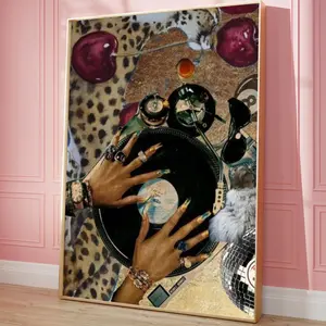 Black Woman Art, Black Girl Wall Poster, Fashion Girl Poster ,Leopard Poster, Vintage Music Poster, Abstract Art, Music Record Player Print