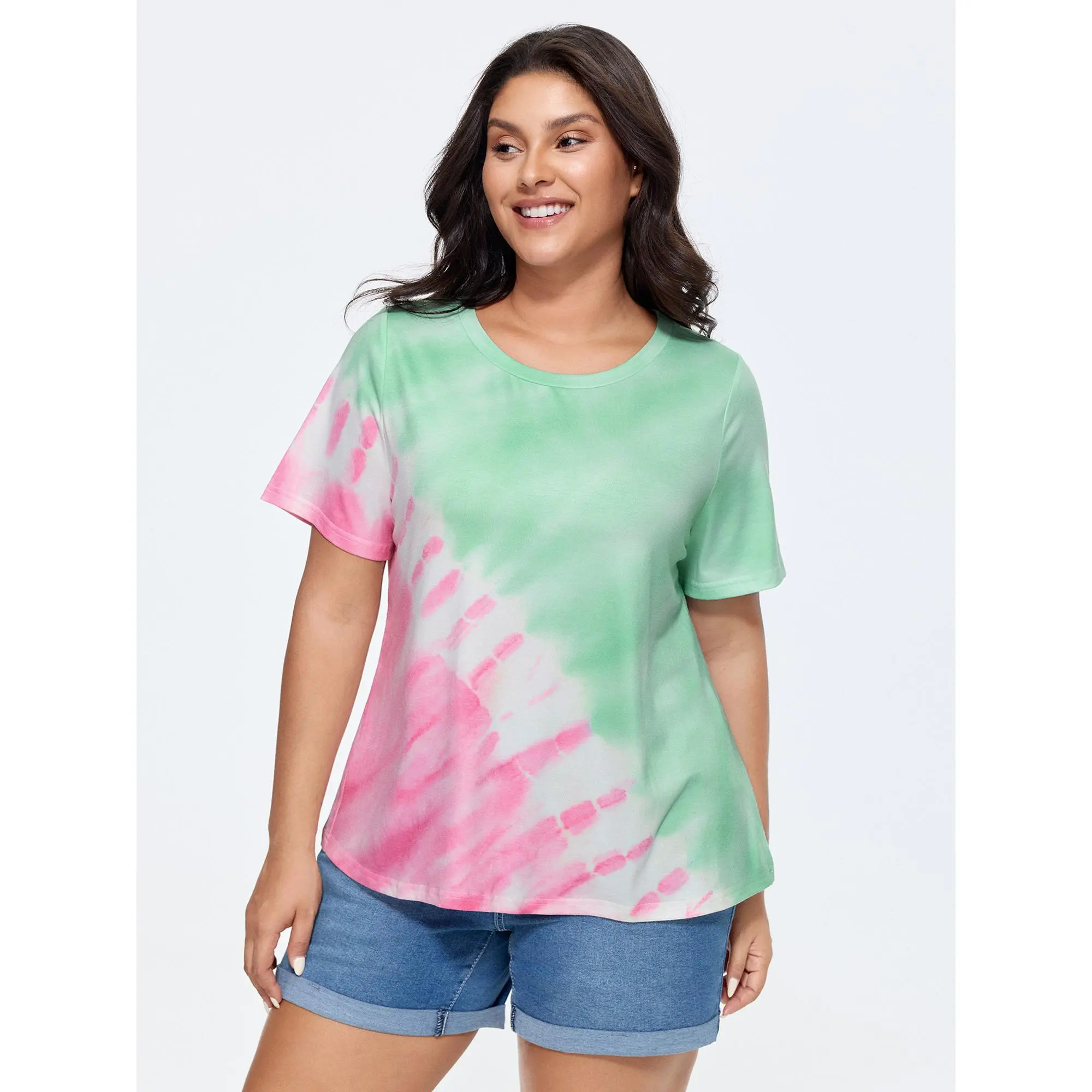 Women's Comfy Casual Loose-Fitting Short-Sleeve V-Neck Tie-Dye Print T-Shirt - Soft Breathable Polyester-Rayon-Spandex Fabric, Plus Size Friendly, Low Iron, Machine Washable Wardrobe Staple