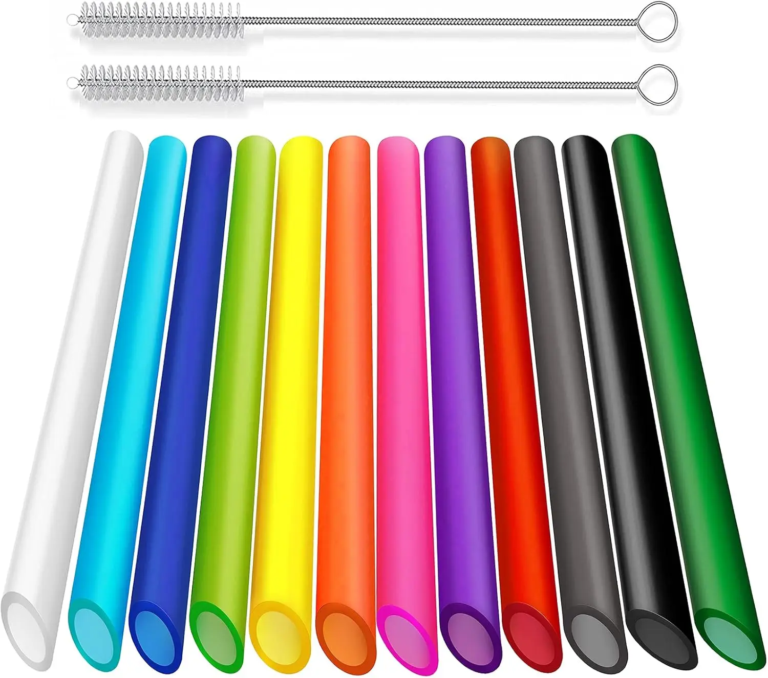 12 PCS Reusable Boba Straws, 10.5 Long x 0.51 Wide Colored Plastic Smoothie Straws for Bubble Tea, Tapioca Pearls with 2 Cleaning Brush - Pointed Design