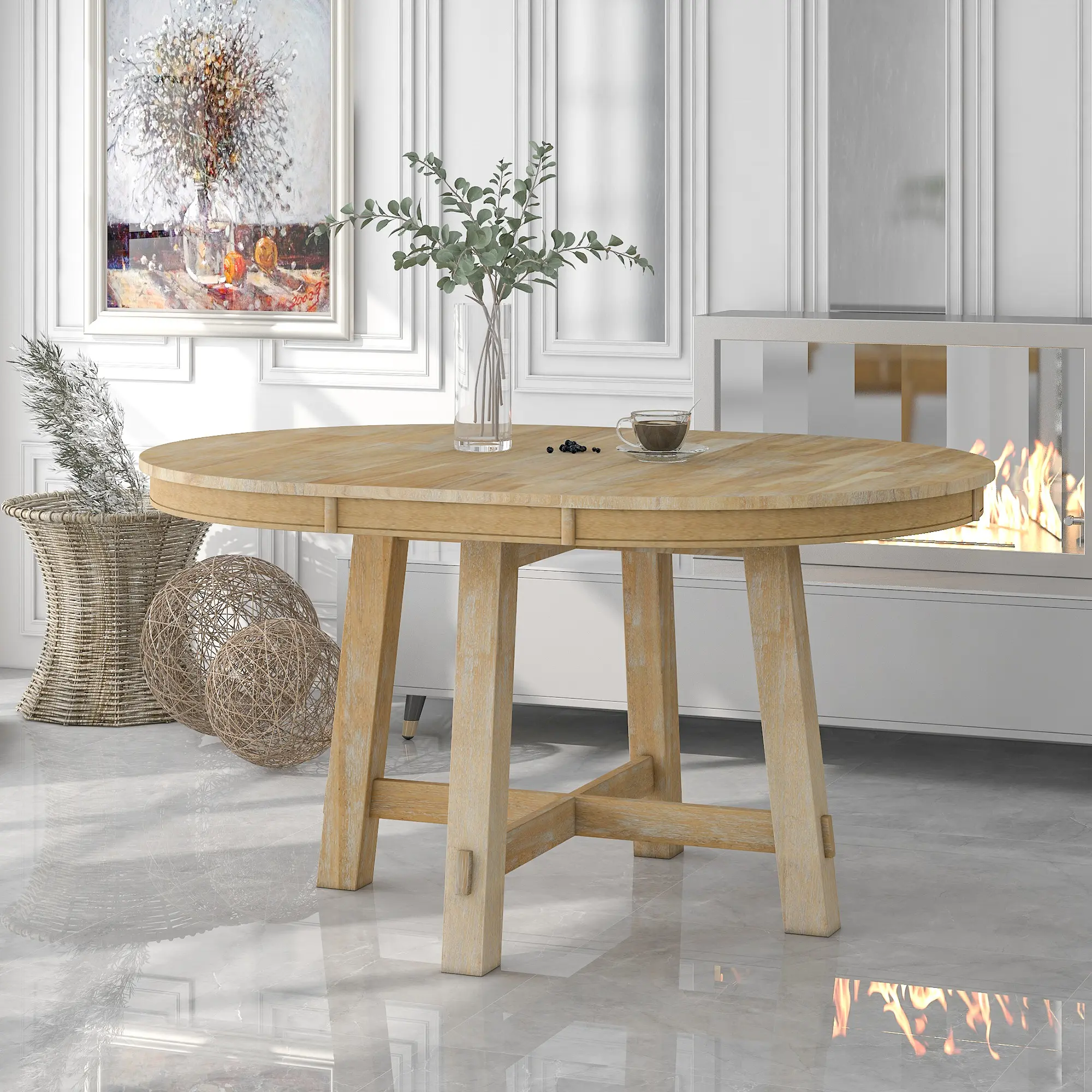 Round Extendable Dining Table with 16" Leaf, Farmhouse Kitchen Table with X-Shaped Base, Solid Wood Round Table Expands from 42" to 58", Seats Up to 6