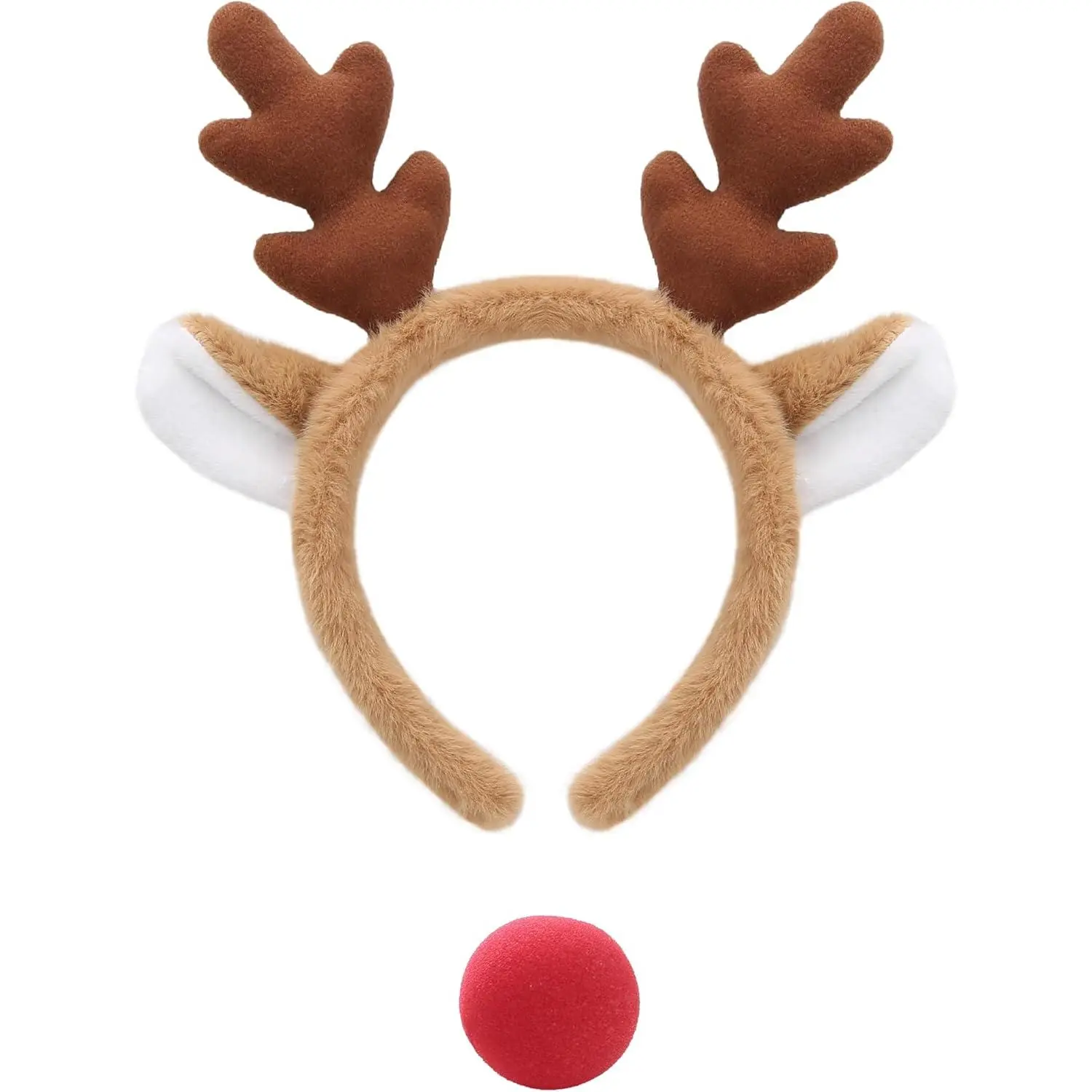 Novelty Reindeer Antler Headband with Rudolph Red Nose, 2-Piece Soft Plastic Costume Prop for Kids & Adults, Christmas Holiday Party Accessory, Two Pieces