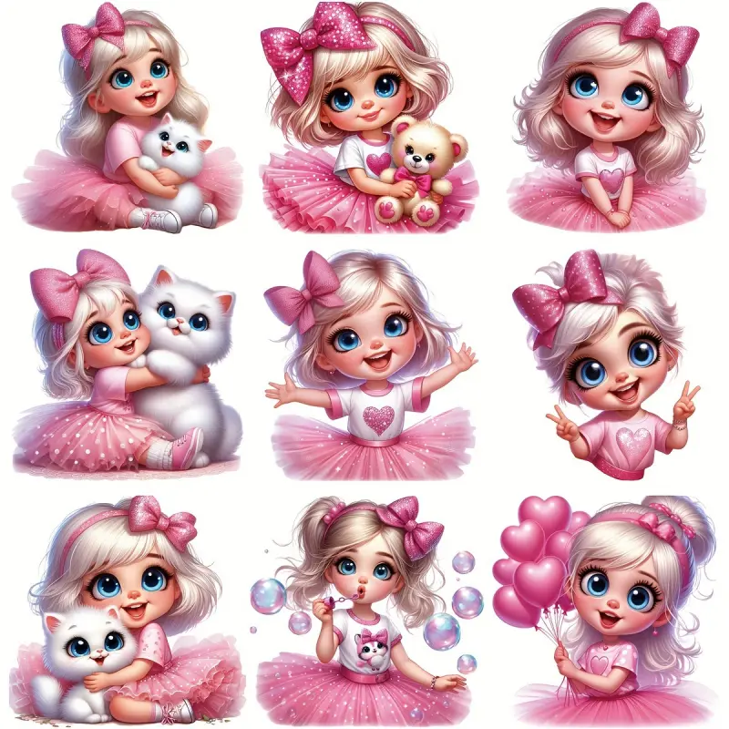 9-piece set of adorable pink princess heat transfer patches, cute cartoon bow iron-on , suitable for sweatshirts, pillows, and jeans, Craft, Diy Craft Supplies, Diy Products