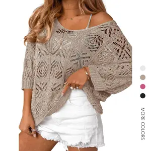 Danedvi Women's Boho Crochet Off-Shoulder 3/4 Sleeve Mesh Knit Top, Summer Swimwear Coverups for Beach Swimsuits