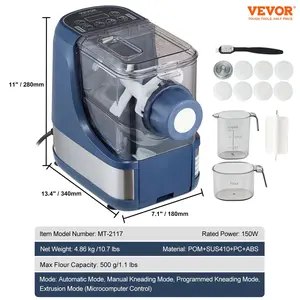 VEVOR Electric Pasta Maker, 150W Automatic Noodle Maker Machine with 8 Pasta Shapes, 4 Intelligent Modes, 500g Flour Capacity Pasta Maker Machine with Measuring Cups, Cleaning Brush for Home Kitchen