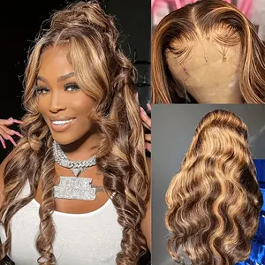 4/27 Honey Blonde 360 Full Lace Front Wigs Human Hair Pre Plucked 180 Density Brazilian Human Hair Wigs 360 Body Wave Lace Frontal Wigs Glueless Wigs