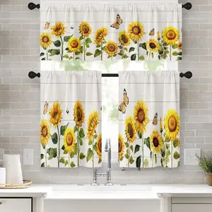 Sunflower kitchen curtain head and short curtain set, spring and summer butterfly three piece set of short curtains, suitable for decorating living room, bedroom windows.