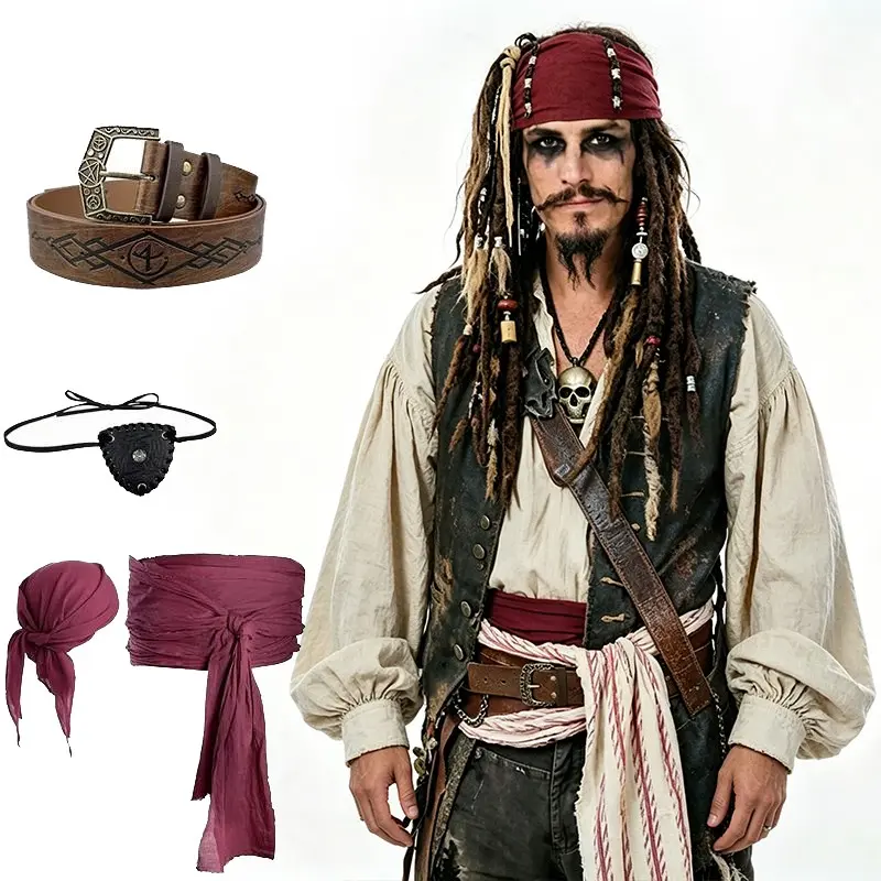 4pcs Medieval Pirate Cosplay Prop Set, Headscarf + Belt + Eye Mask + Vintage PU Belt, Halloween Costume, Party Performance, Theme Events, Costume For Parties