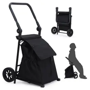 2-in-1 Foldable Grocery Cart with Seat, Portable Utility Cart and Hand Truck, Collapsible Shopping Trolley with Removable Waterproof Bag, Adjustable Handle, All-Terrain Wheels, Heavy Duty Rolling Cart for Grocery Laundry Travel