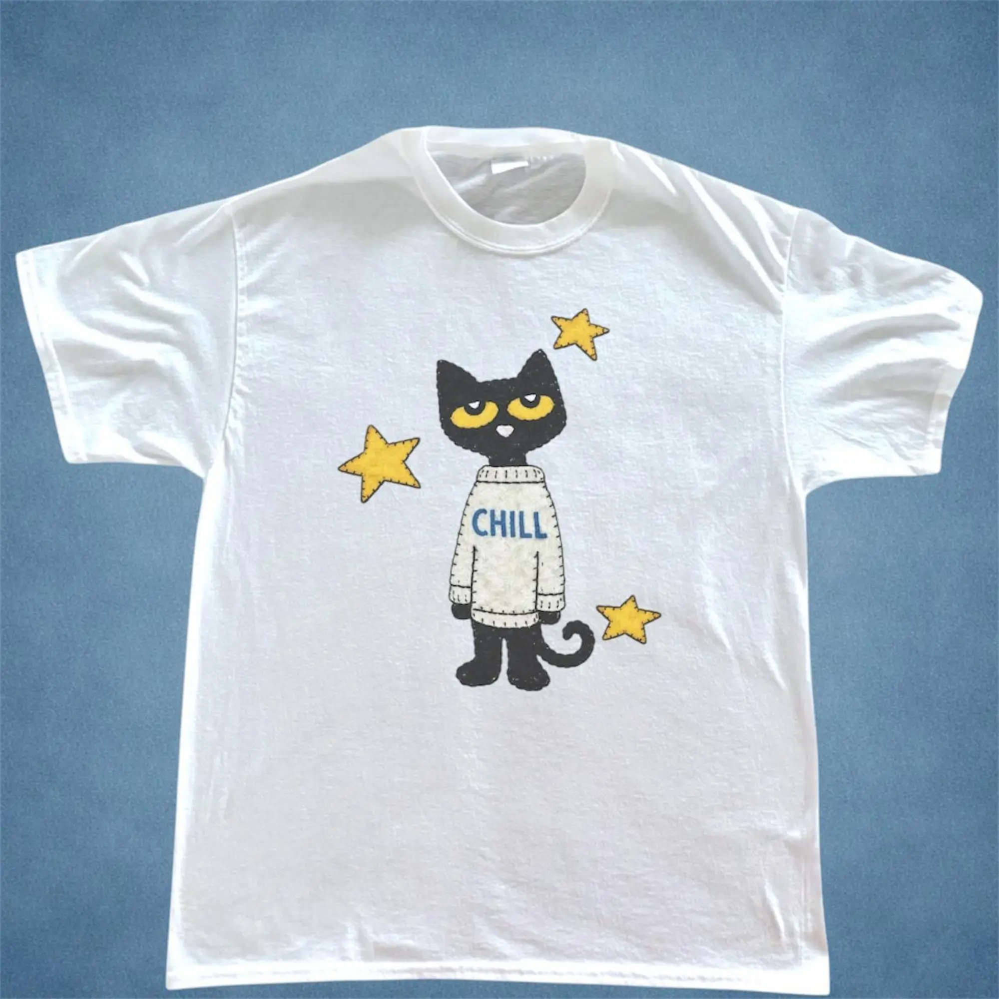 Super Chill Cat Tee, Black Cat In A Cozy Sweater That Says “Chill” Little Yellow Stars Around It, Unisex Vintage Graphic Tees Gothic Grunge Y2K Emo Scene Amity Affliction Style Clothes Men Women Streetwear