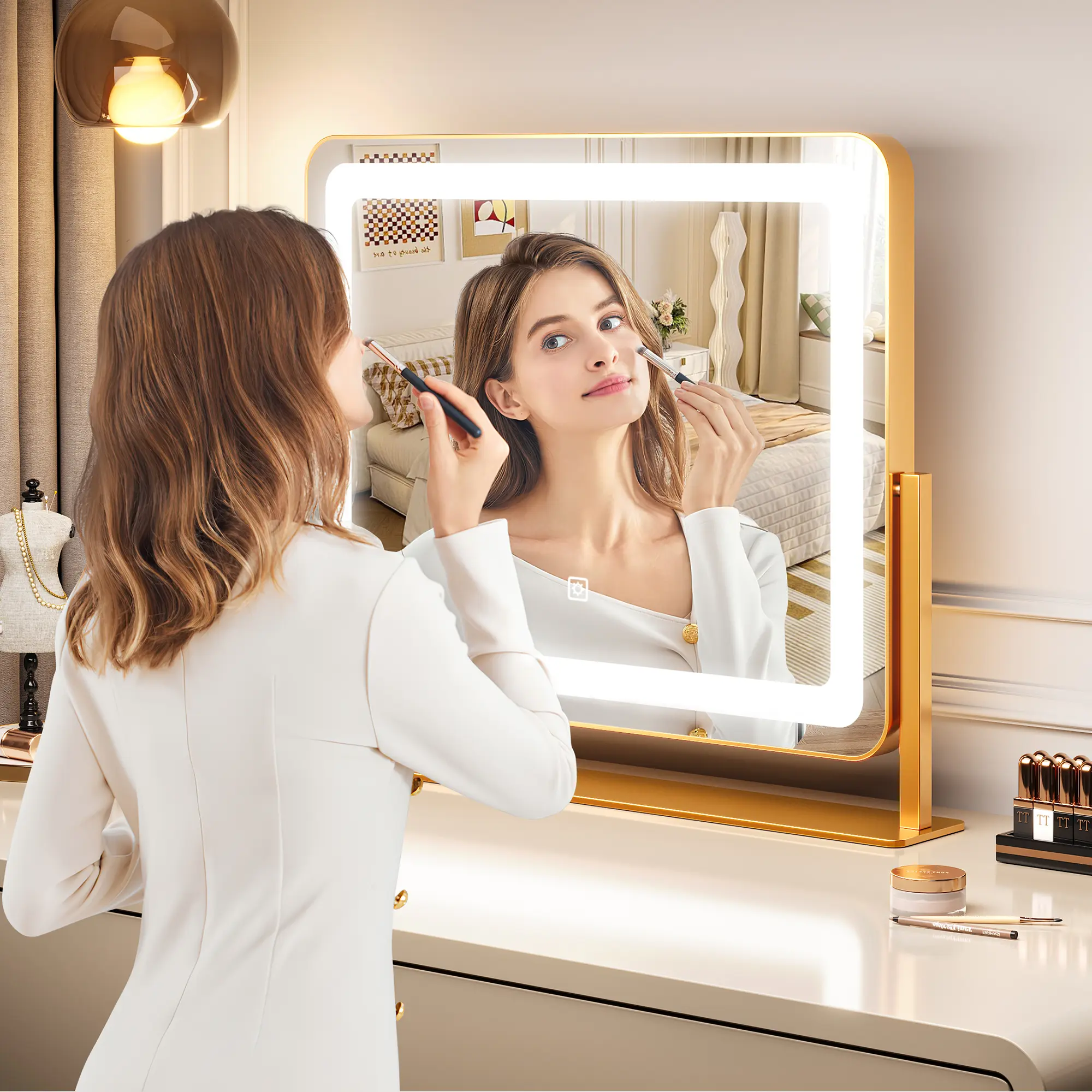 19 Inch Round LED Vanity Mirror with Lights, 3 Color Dimmable Touch Control Makeup Mirror, 360 Degree Rotatable Aluminum Frame, Modern Black Wall Mount Mirror for Bathroom Dressing Room