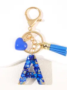 Initial Letter Keychain, Blue Heart Fringe Keychain, Cute Resin, Backpack Charms, Keychain For Bags, Key Chain for Women, Girls, Elegant Style, Heart Design Keychain