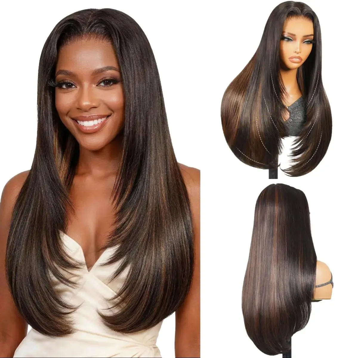 TESLAL Glueless Straight Frontlace Wig for Black Women, Highlight Layered Synthetic Hair with Pre-Cut HD T-Part Lace, 220% Density Beginner Friendly for Everyday Wear, Glueless Straight Wig, Wigs For Black Women