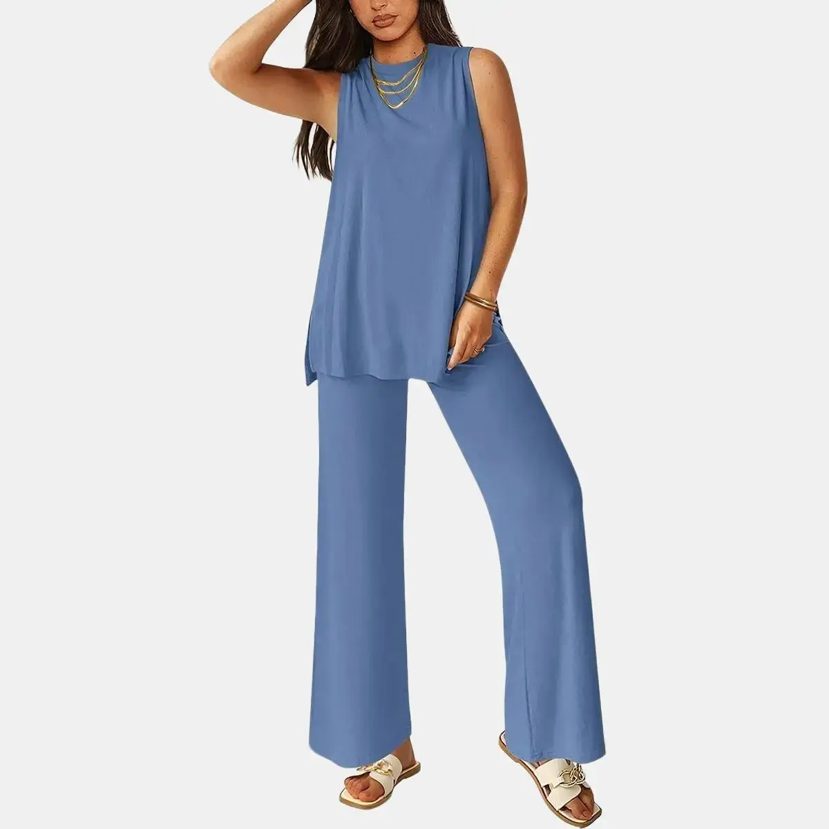 PrettyGarden Women's 2 Piece Lounge Set Summer Casual Loose Tank Top & Wide Leg Pants Matching Travel Outfits Tracksuit With Split Hem & Pockets Crewneck Sleveless Minimalist